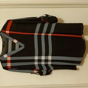 NWOT Amaryllis 1X (12/14) V-neck 3/4 sleeve Plaid blouse, Black/Grey/Red/White